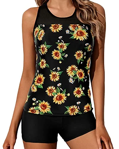 Stock Up and Save Flattering Racerback Tankini Set Mid-Waist Swim Shorts-Black And Sunflower Stock Up and Save Flattering Racerback Tankini Set Mid-Waist Swim Shorts-Black And Sunflower