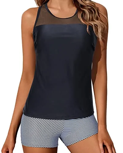 Mega Sale Modest Two Piece Tankini Boyleg Swim Shorts For Women-Black Stripe