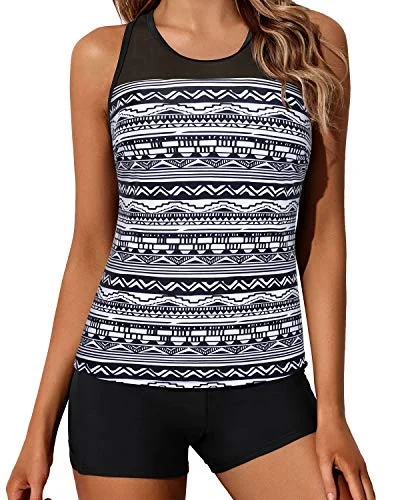 Midnight Sale Sporty Two Piece Bathing Suit Mesh Shoulder Flattering Fit For Women-Black Tribal Midnight Sale Sporty Two Piece Bathing Suit Mesh Shoulder Flattering Fit For Women-Black Tribal