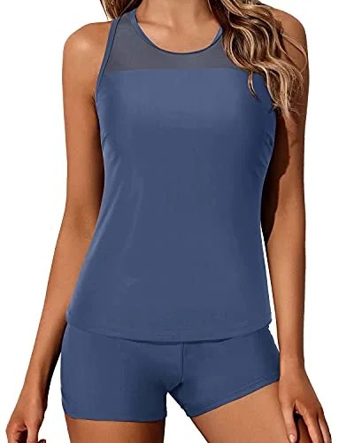 Clearance Event Tummy Control Tankini Boyshorts Swimwear Set For Women-Blue