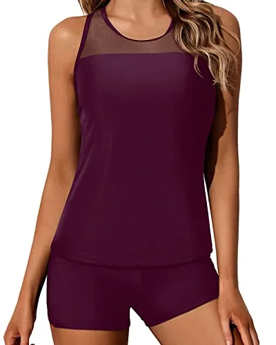 Limited Quantity Sexy Mesh Patchwork Tankini Swimsuits For Women Shorts-Maroon