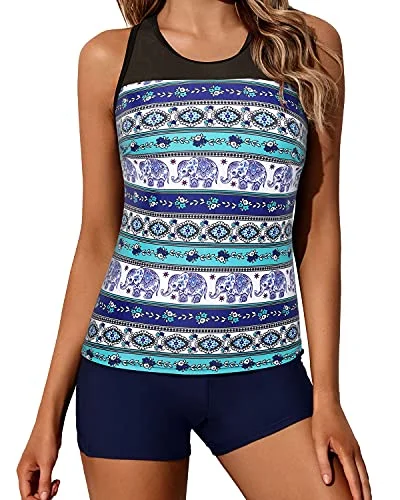 Act Now Modest Mesh Patchwork Tankini Bathing Suit Tops For Women Shorts-Navy Blue Tribal Act Now Modest Mesh Patchwork Tankini Bathing Suit Tops For Women Shorts-Navy Blue Tribal