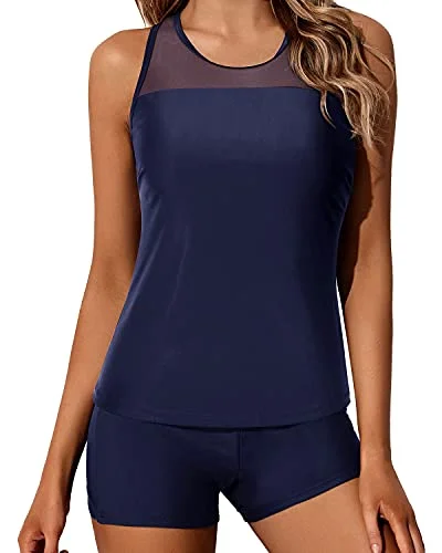 Super Savings Sporty Boyleg Tankini Bathing Suit Tops For Women Shorts-Navy Blue