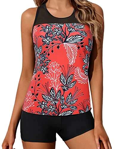 Buy More, Save More Racerback Tank Top And Boy Shorts Two Piece Bathing Suit For Women-Red Floral