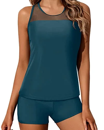 Grand Opening Sale Mesh Shoulder And Racerback Athletic Racerback Tankini Swimsuits-Teal Grand Opening Sale Mesh Shoulder And Racerback Athletic Racerback Tankini Swimsuits-Teal