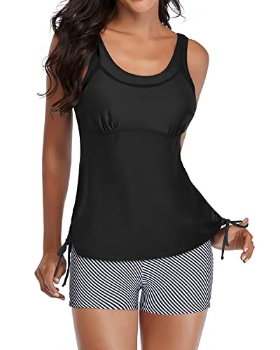 Women's Padded Push Up Two Piece Tankini Swimsuits-Black Stripe