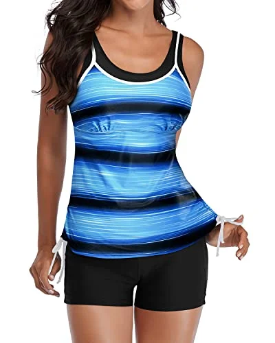 Slimming Swimwear Adjustable Shoulder Straps 2 Piece Tankini Swimsuits-Blue And Black Stripe