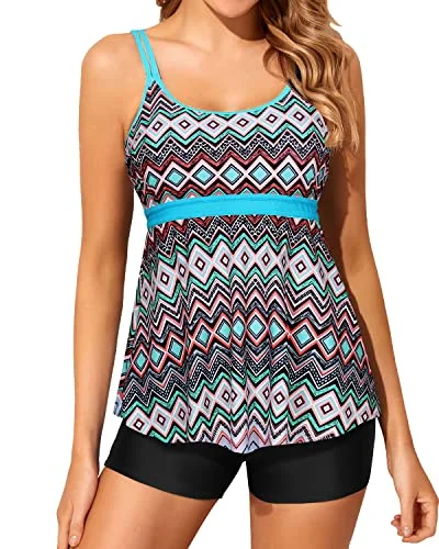 U Neck Tummy Control Swimsuits Two Piece Tankini Bathing Suits For Women-Black Tribal