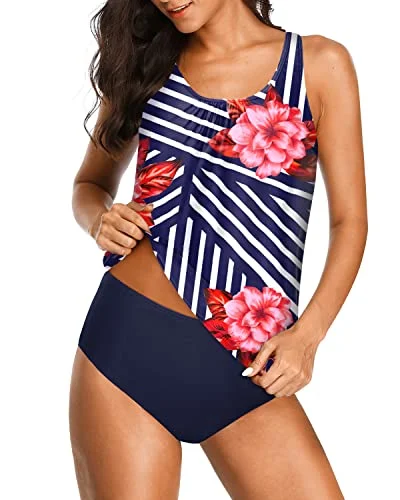 Best Seller Charming Two Piece High Neck Tankini Bathing Suits For Women-Blue Floral Best Seller Charming Two Piece High Neck Tankini Bathing Suits For Women-Blue Floral