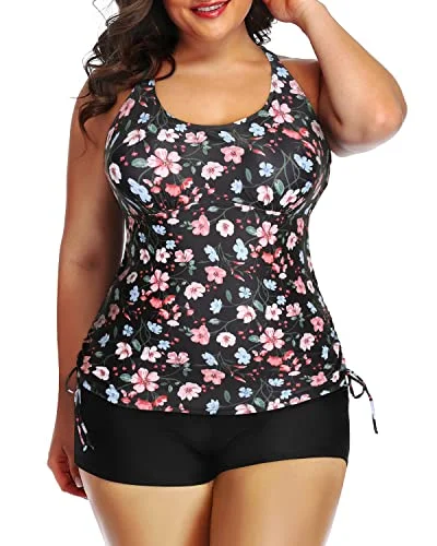 Athletic Two Piece Swimwear Shorts For Plus Size-Black And Pink Floral