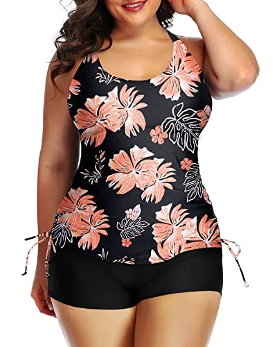 Full Coverage Plus Size Bathing Suit For Women Two Piece Ruched Swimsuit-Black Orange Floral