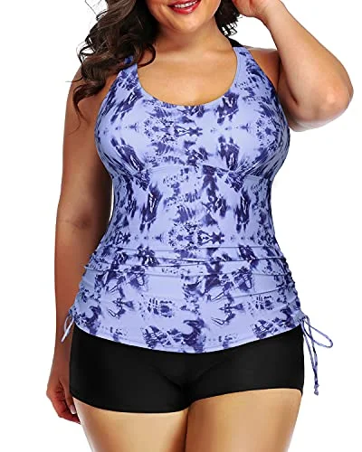 Push Up Bra Tighten Drawstring Pleated Hem Strappy Tankini-Blue Tie Dye