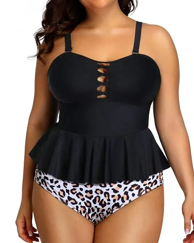 Lace Up Modest Coverage Plus Size Swimsuits For Women-Black And Leopard