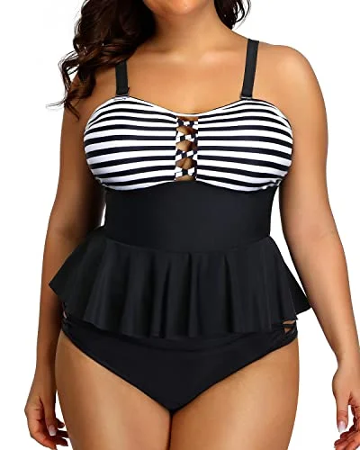 Plus Size Lace Up Tummy Control Tankini Swimsuits For Women-Black And White Stripe