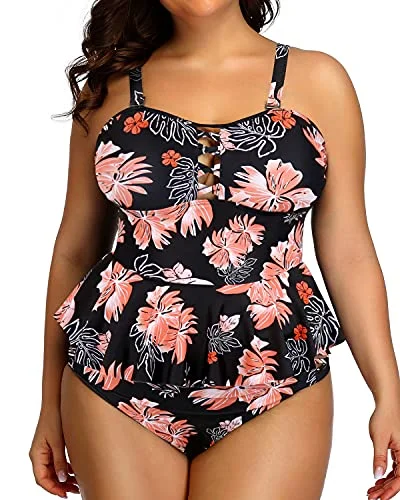 Plus Size Peplum Tankini Tops High Waisted Swimwear-Black Orange Floral