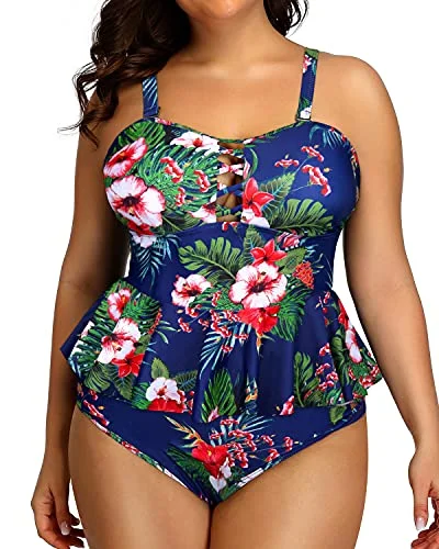 Criss Cross Design Plus Size Swimsuits For Women-Blue Floral