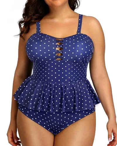 High Waisted Bikini Bottoms Plus Size Swimsuits For Women-Navy Blue Polka Dot