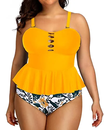 Lace Up Modest Coverage And Support Swimsuits For Women-Yellow Floral