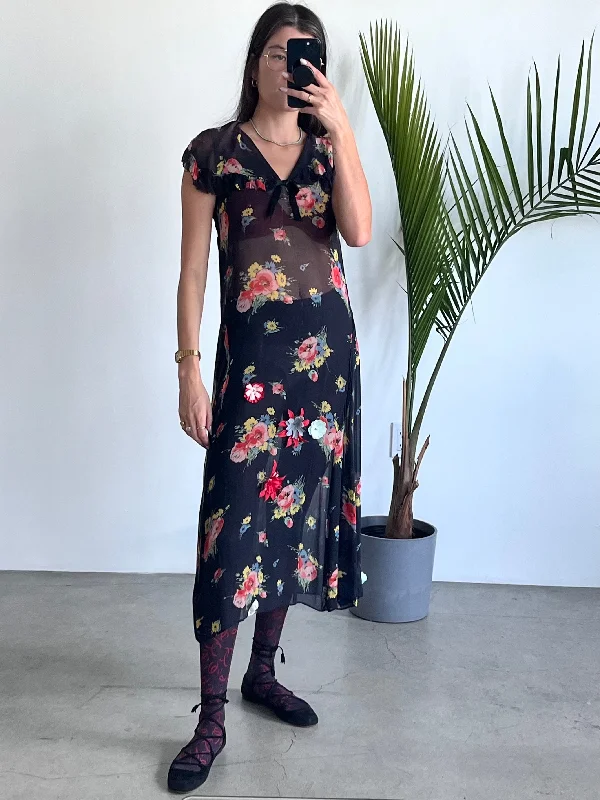 Steals and Deals 1930s Black Chiffon Floral Ruffled Dress