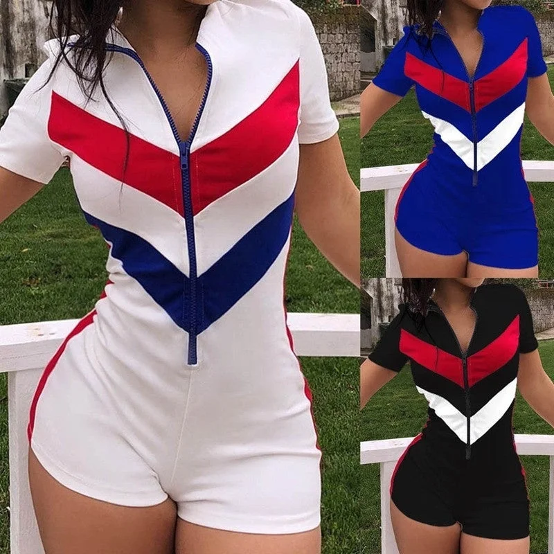 2021 Summer New Arrivals Short Sleeve Zipper Jumpsuit Recreational Splicing Sports Jumpsuits for Women