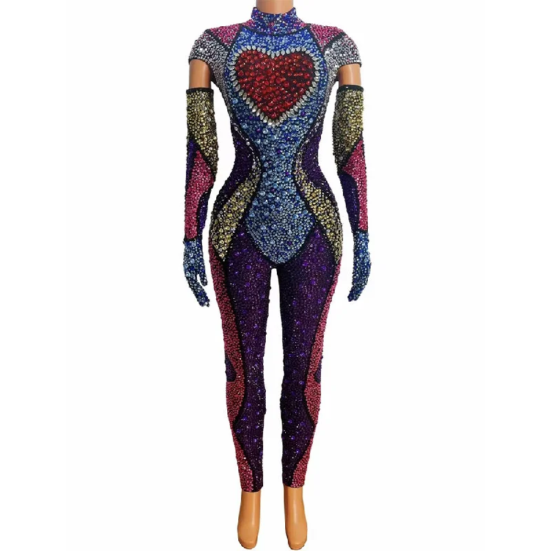 AD1469 Kimshein Luxury Clothing Women Handmade Crystal Playsuit Bodysuits Long Sleeve Colorful Rhinestone Big Diamond Jumpsuits