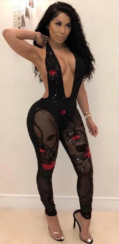 Exclusive Savings Backless Sequined Deep V Neck Sleeveless Floral Jumpsuit