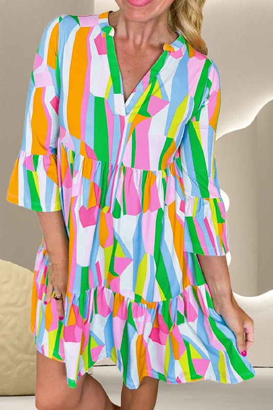 Price Reduction Color Block Three-Quarter Sleeve Mini Dress