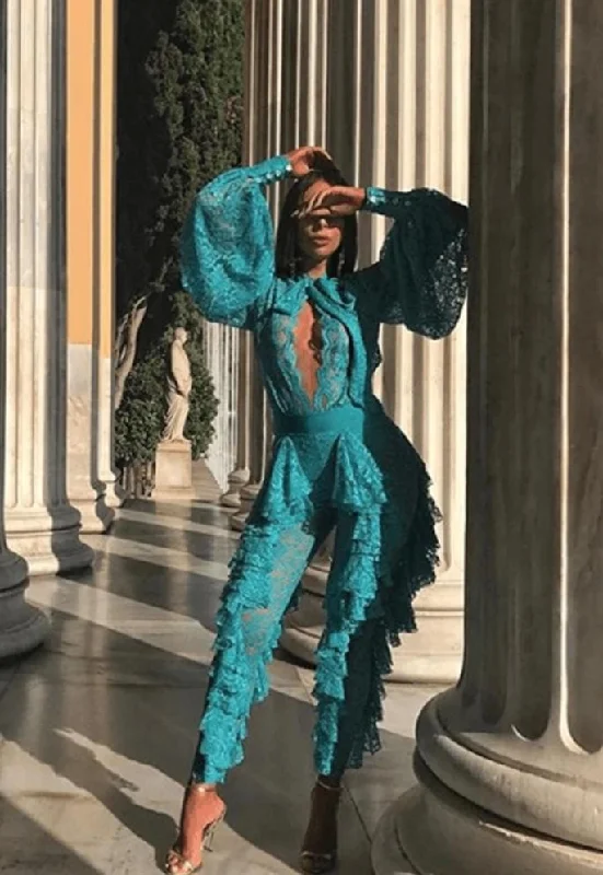 Super Sale Deep V Long Sleeve Ruffled Lace Front Open Jumpsuits