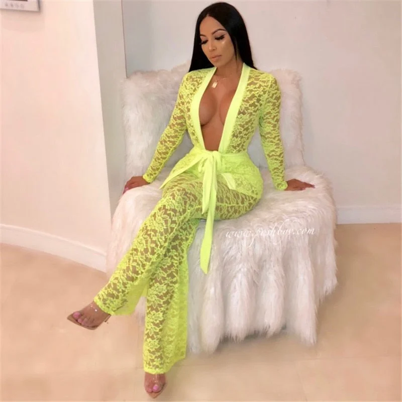 Daily Deals Deep V-Neck Lace Blazer Jumpsuits