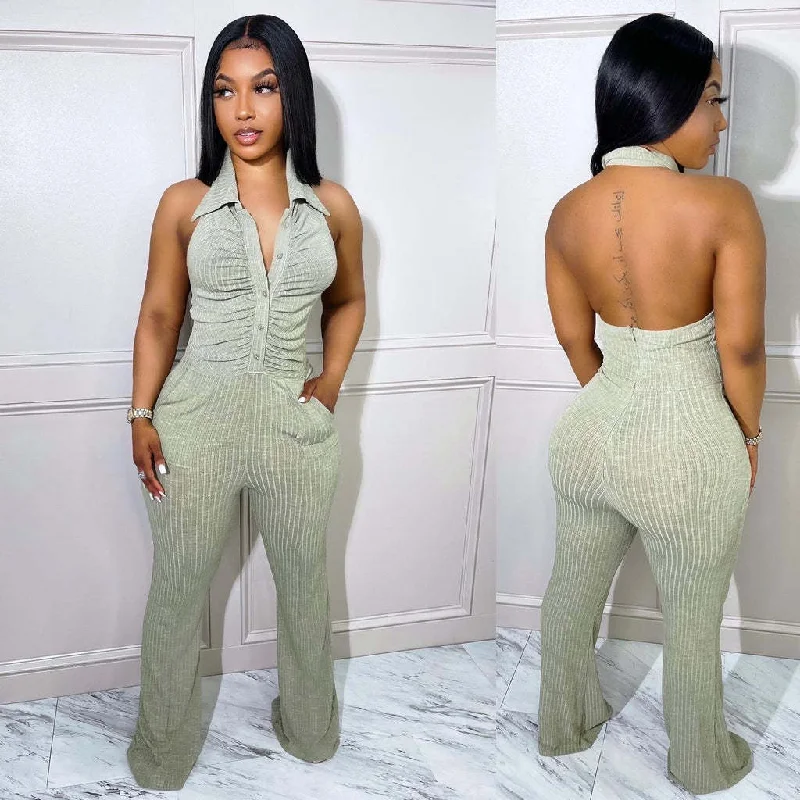 Deep V Neck Sexy Backless Ribbed Summer Woman Outfit Jumpsuit With Pocket Cheap Jumpsuit Palazzo Pant Wide Leg Jumpsuit Women