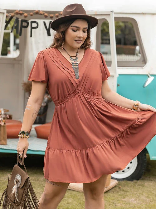 Factory Direct Sale Double Take Plus Size Ruffle Hem V-Neck Short Sleeve Dress