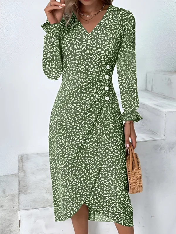 Unmissable Offer Full Size Printed Surplice Long Sleeve Midi Dress