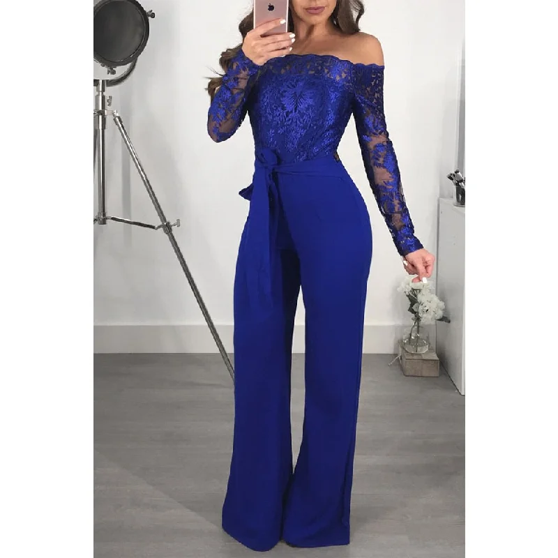 Price Meltdown Lace Off Shoulder Slash Neck Long Sleeve Wide Leg Jumpsuits (Multi-Colors)