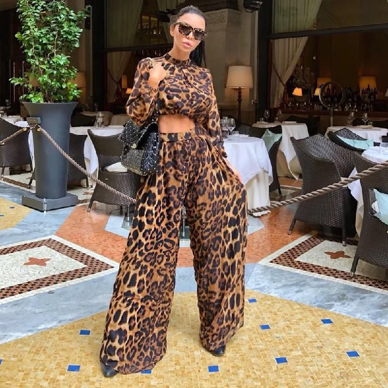 Bargain Bin Leopard Thin Long Sleeve Crop Top Jumpsuit Two pcs Set