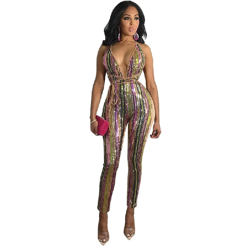 lure Striped sequined mutilcolored deep v backless patchwork clubwear jumpsuit