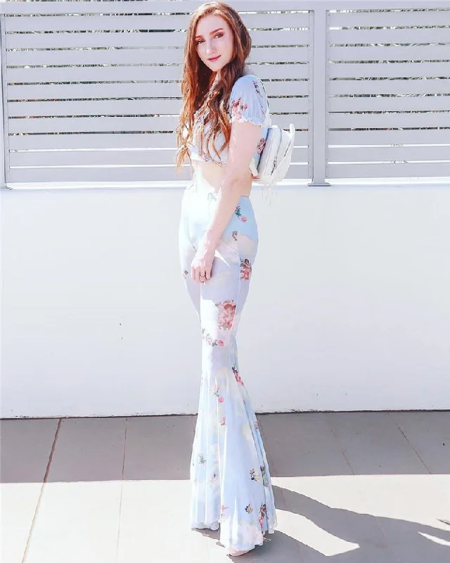 Fantastic Deals Mesh Cupid Print Ruffles Crop And Wide Leg Flare Pants