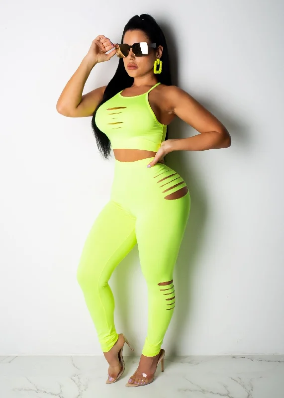 YEAR-End Sale Neon Hollow Out Crop Top and Side Slice Pants