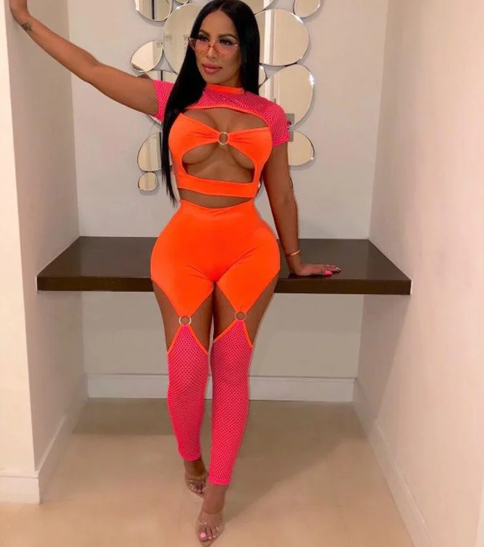 Stock Clearance Neon Hollow Crop Top and Hollow Thigh Pant Jumpsuits