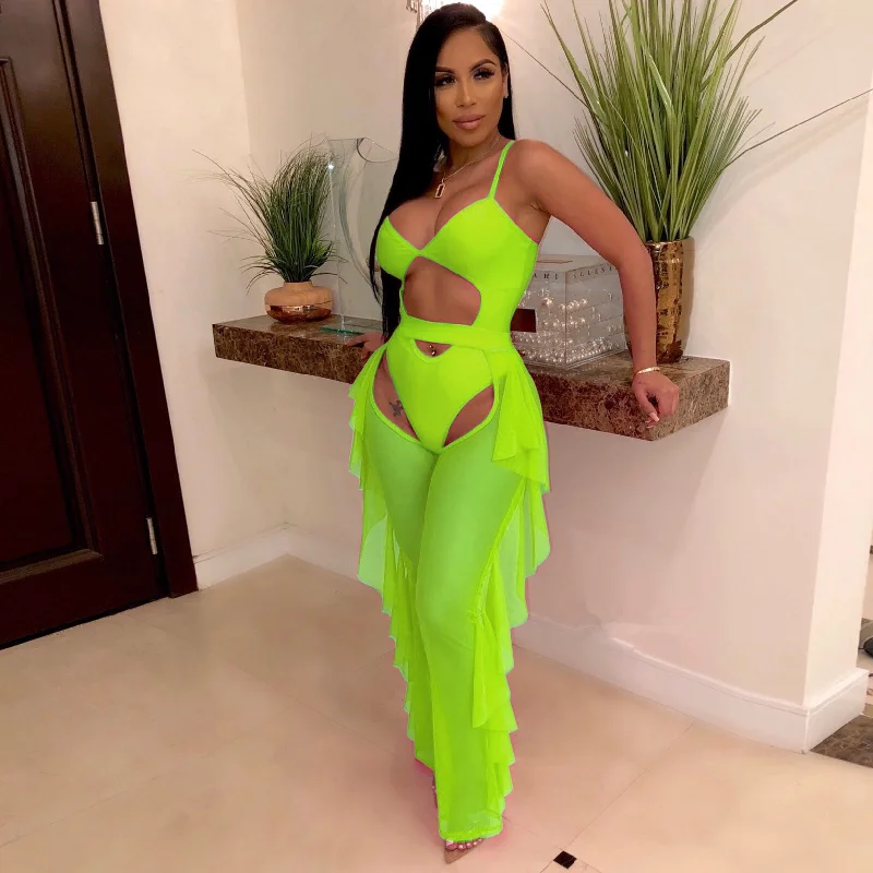 Value Deals Neon Mesh Hollow Bodysuit Jumpsuits