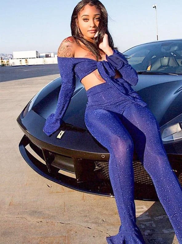Online Only Off Shoulder Bandage Crop Flare Sleeve and Pants Sets