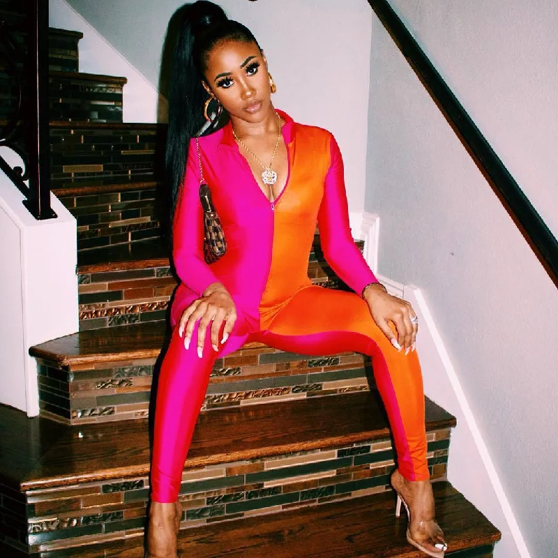 Online Specials Pink Color Block Long Sleeve Front Zip Jumpsuits