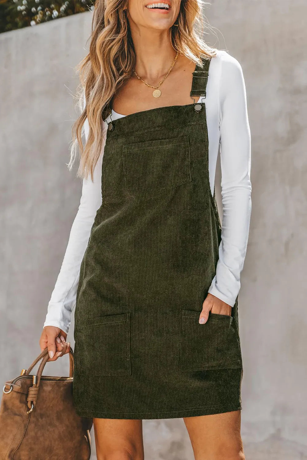 Super Bargain Pocketed Square Neck Wide Strap Overall Dress