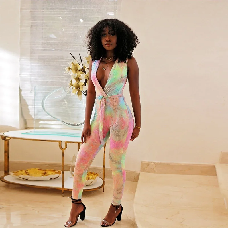 Bargain Prices Powder Rainbow Tie Dye Deep V Jumpsuit
