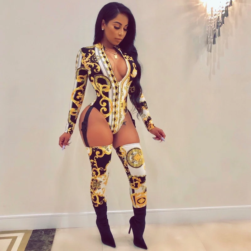 Price Cut Print Long Sleeve Bodysuit Thigh Buckle Hollow Jumpsuits