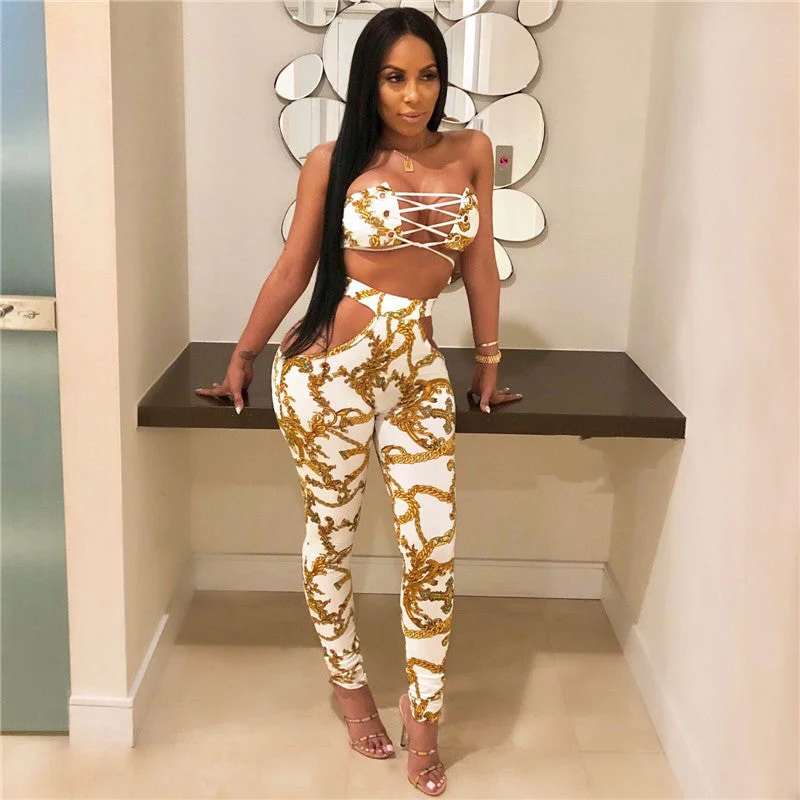 Super Savings Print Strapless Side Hollow Out Jumpsuits