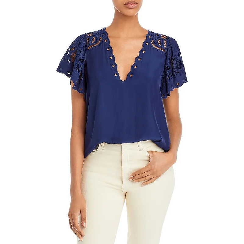 Ramy Brook Womens Rochelle V Neck Flutter Sleeve Blouse