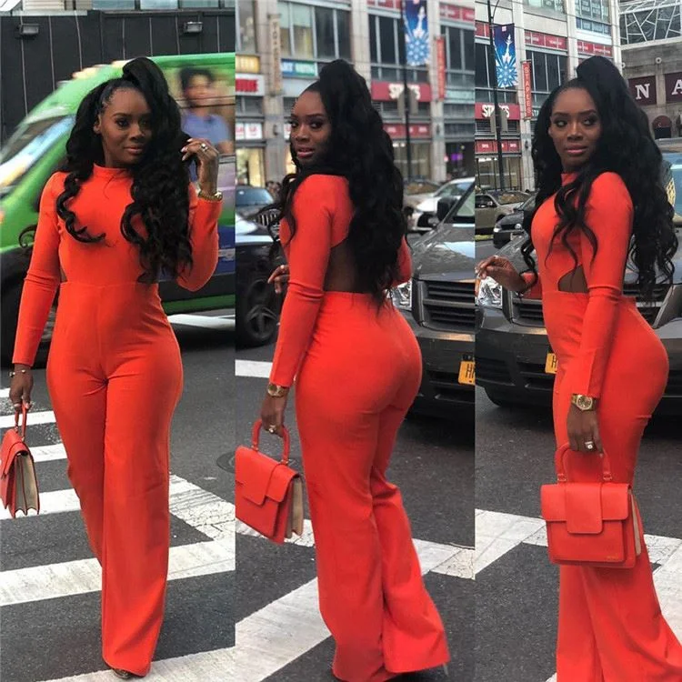 S3908 Sexy solid color long sleeve backless bodycon jumpsuit for women fall clothing 2020