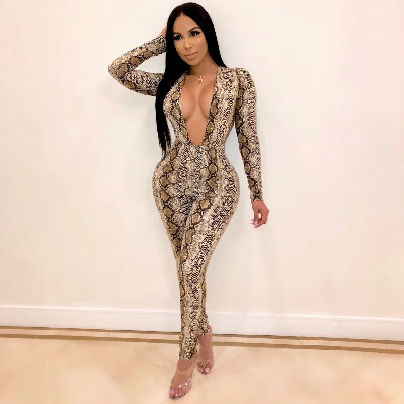 Limited Stock Snakeskin Print Long Sleeve Deep V Neck Jumpsuit
