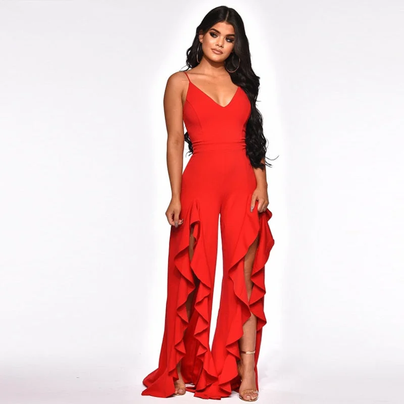 Clearance Sale V Neck Split Ruffle Leg Maxi Jumpsuit