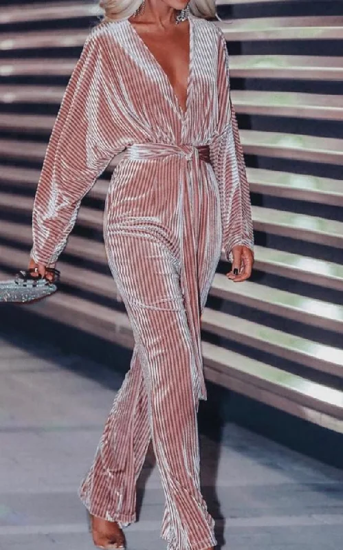 Special Buy Pink Velvet Deep V Long Sleeve Loose Jumpsuit